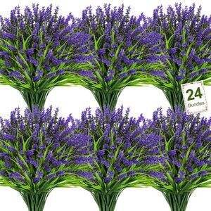 24 Bundles Artificial Flowers for Outdoors, Fake Lavender Flowers with